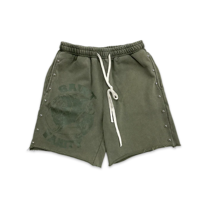 Saint Vanity Terry Studded Logo Shorts “Olive”